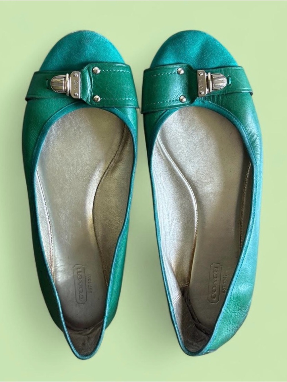 Coach Teal Green Leather Ballet Flats with Silver Buckle